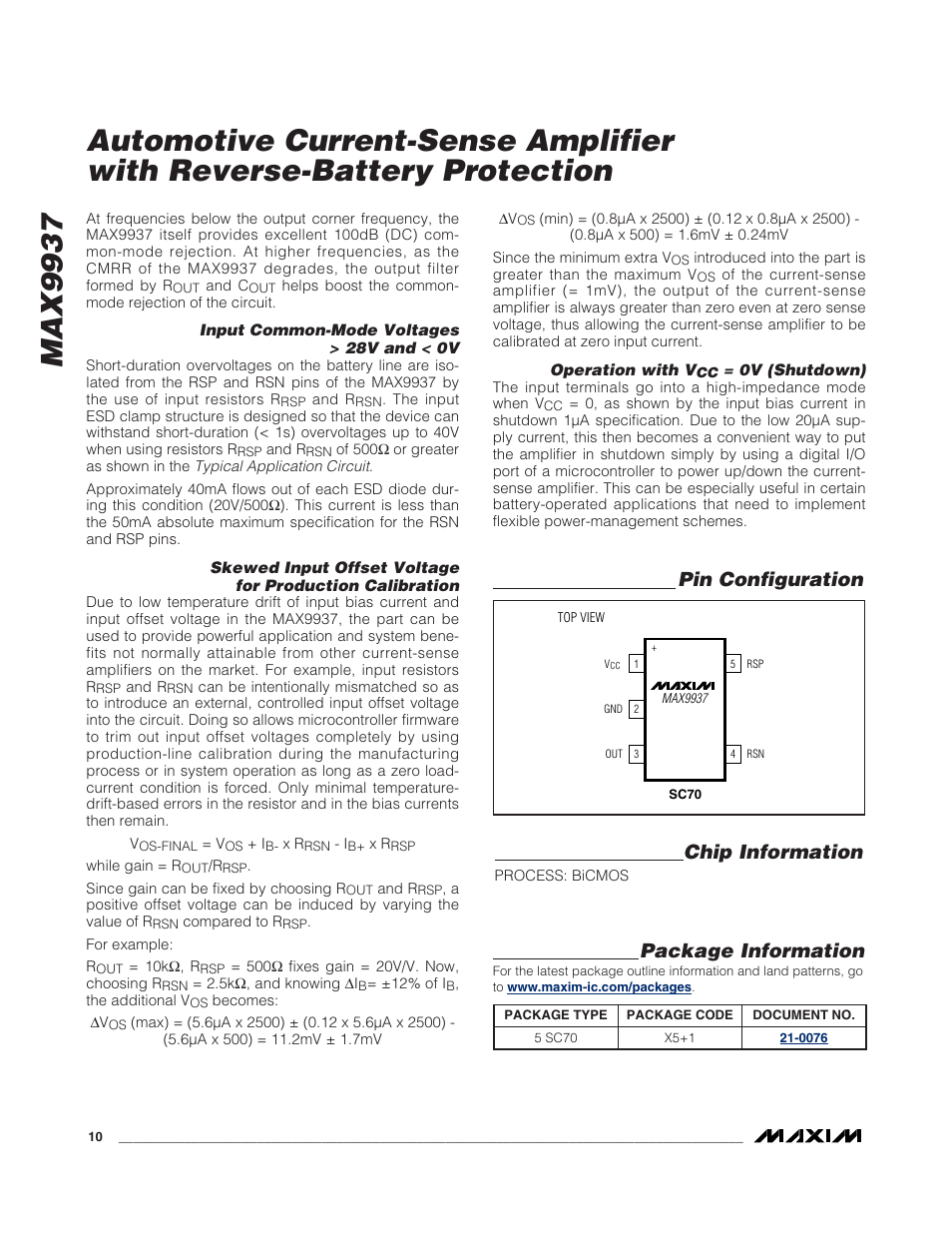Pin configuration chip information, Package information | Rainbow Electronics MAX9937 User Manual | Page 10 / 11