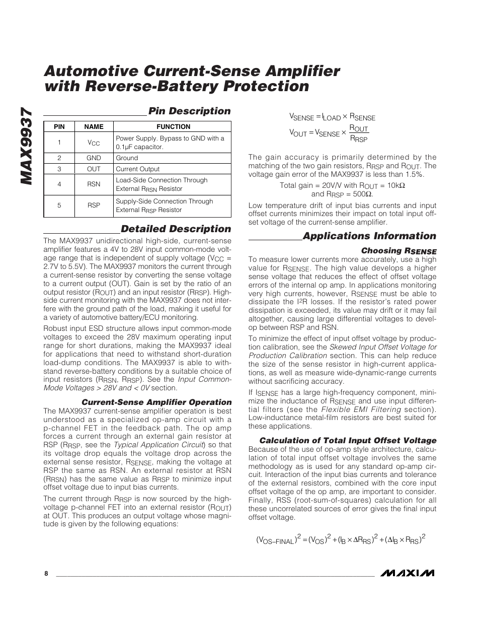 Max9937, Detailed description, Applications information | Pin description | Rainbow Electronics MAX9937 User Manual | Page 8 / 11