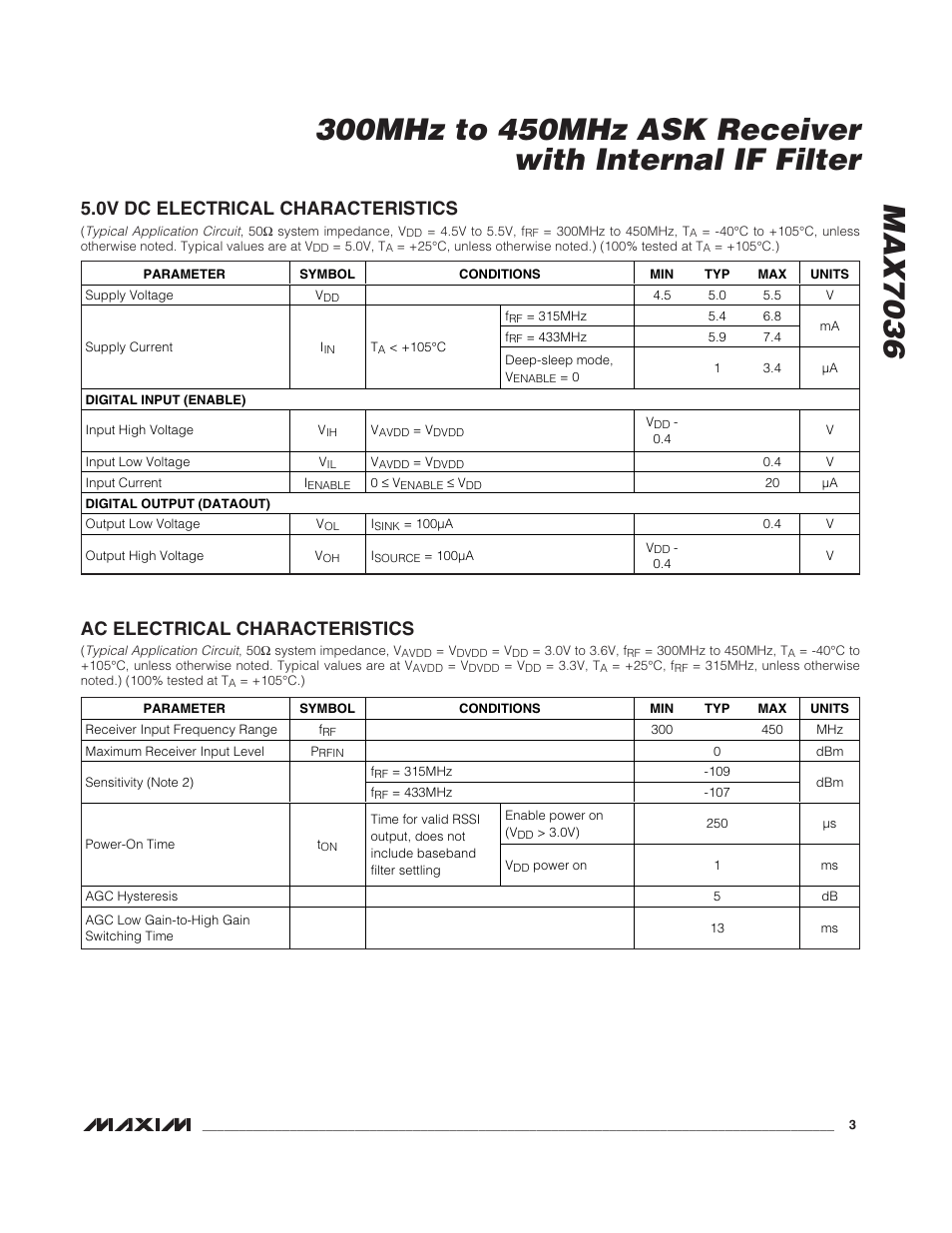 0v dc electrical characteristics, Ac electrical characteristics | Rainbow Electronics MAX7036 User Manual | Page 3 / 12