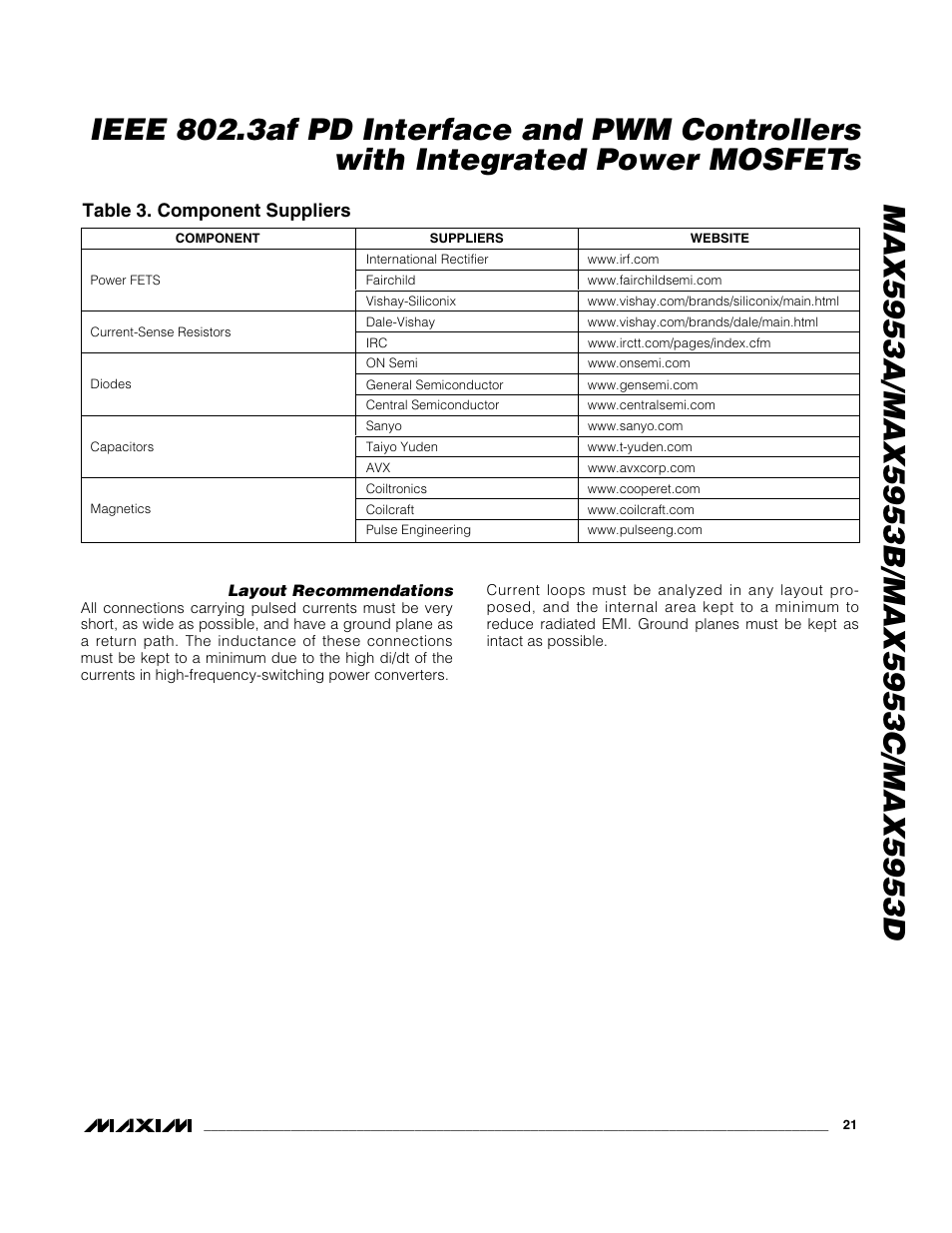 Table 3. component suppliers | Rainbow Electronics MAX5953D User Manual | Page 21 / 27