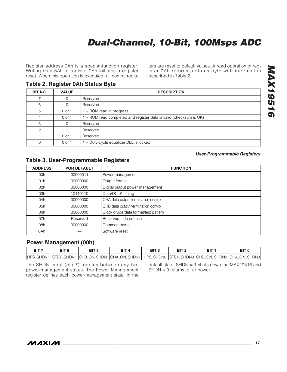 Table 2. register 0ah status byte, Table 3. user-programmable registers, Power management (00h) | Rainbow Electronics MAX19516 User Manual | Page 17 / 34