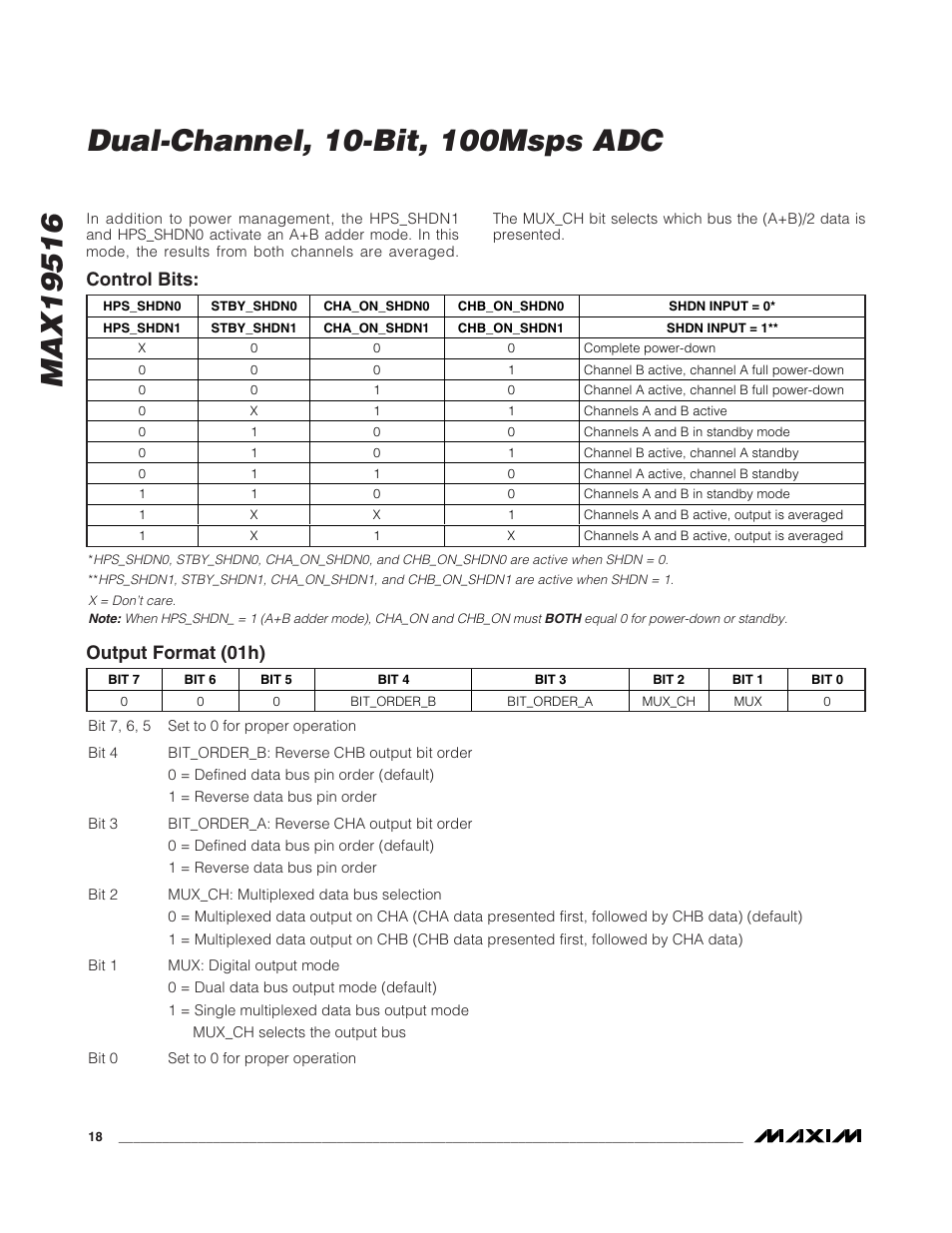 Control bits: output format (01h) | Rainbow Electronics MAX19516 User Manual | Page 18 / 34