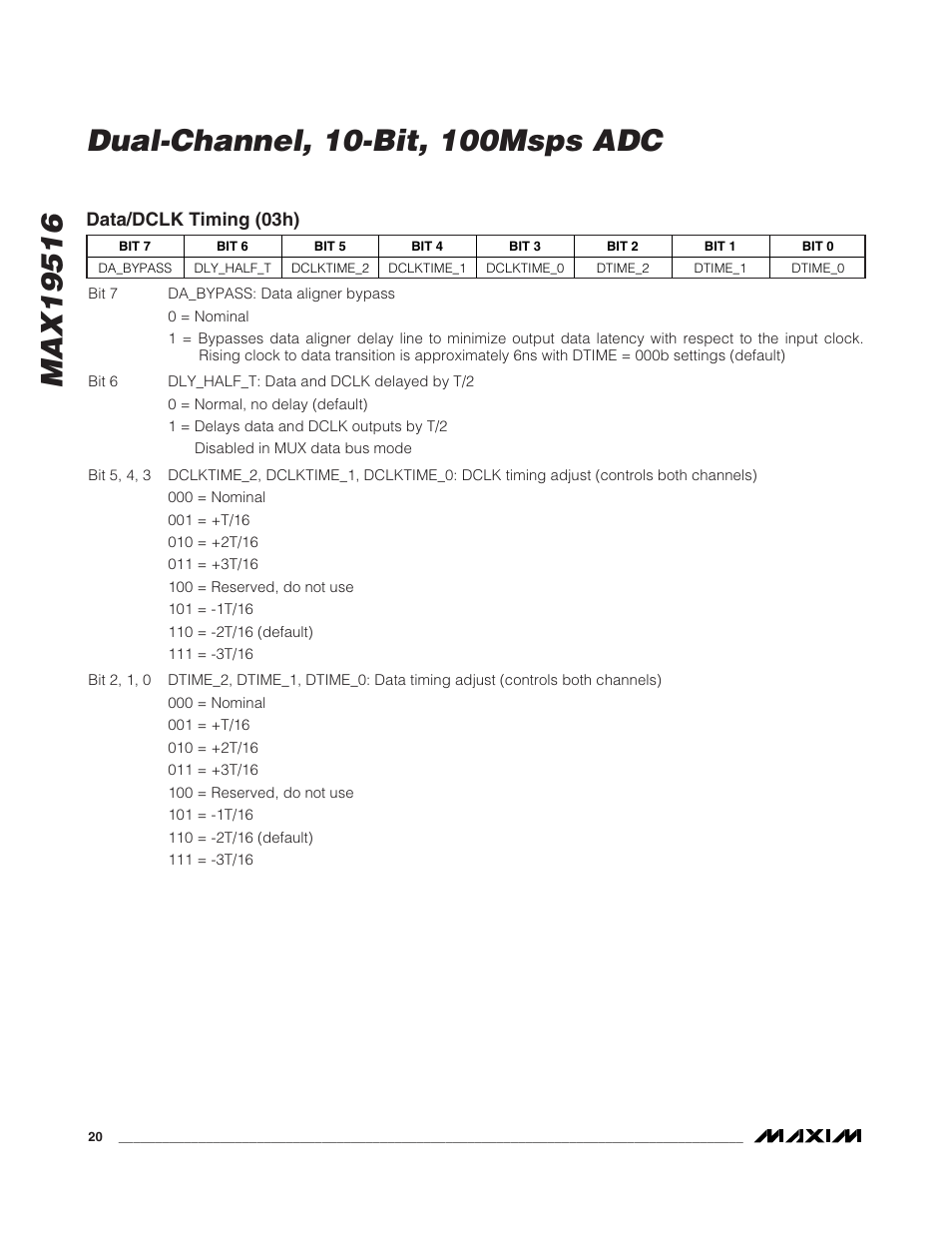 Data/dclk timing (03h) | Rainbow Electronics MAX19516 User Manual | Page 20 / 34