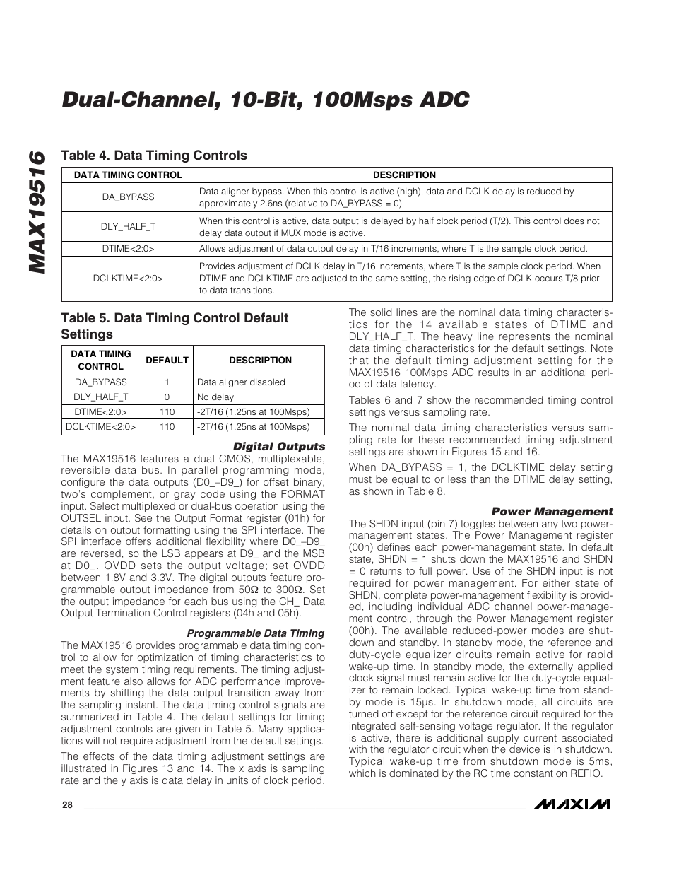 Table 4. data timing controls, Table 5. data timing control default settings | Rainbow Electronics MAX19516 User Manual | Page 28 / 34