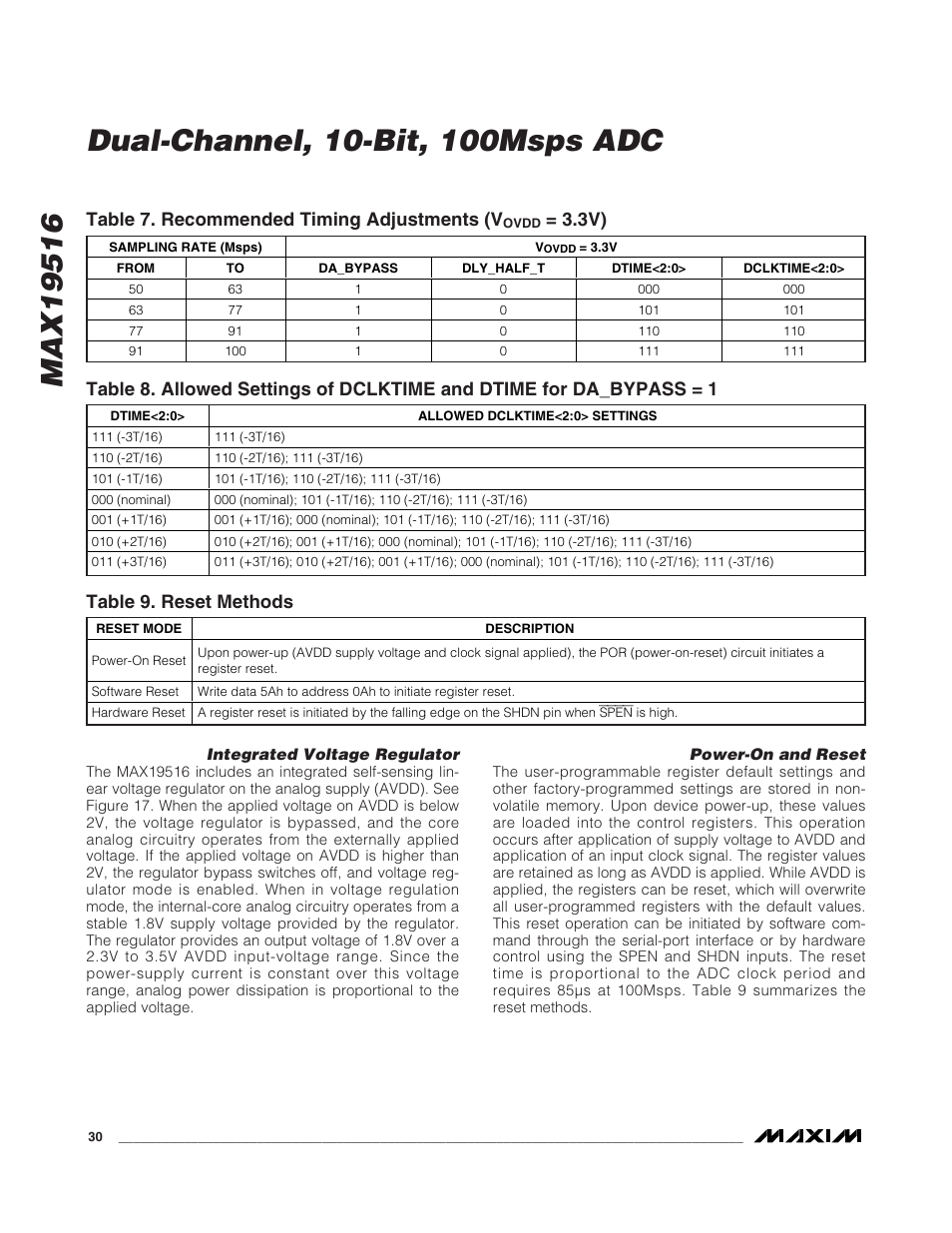 Table 7. recommended timing adjustments (v, Table 9. reset methods | Rainbow Electronics MAX19516 User Manual | Page 30 / 34