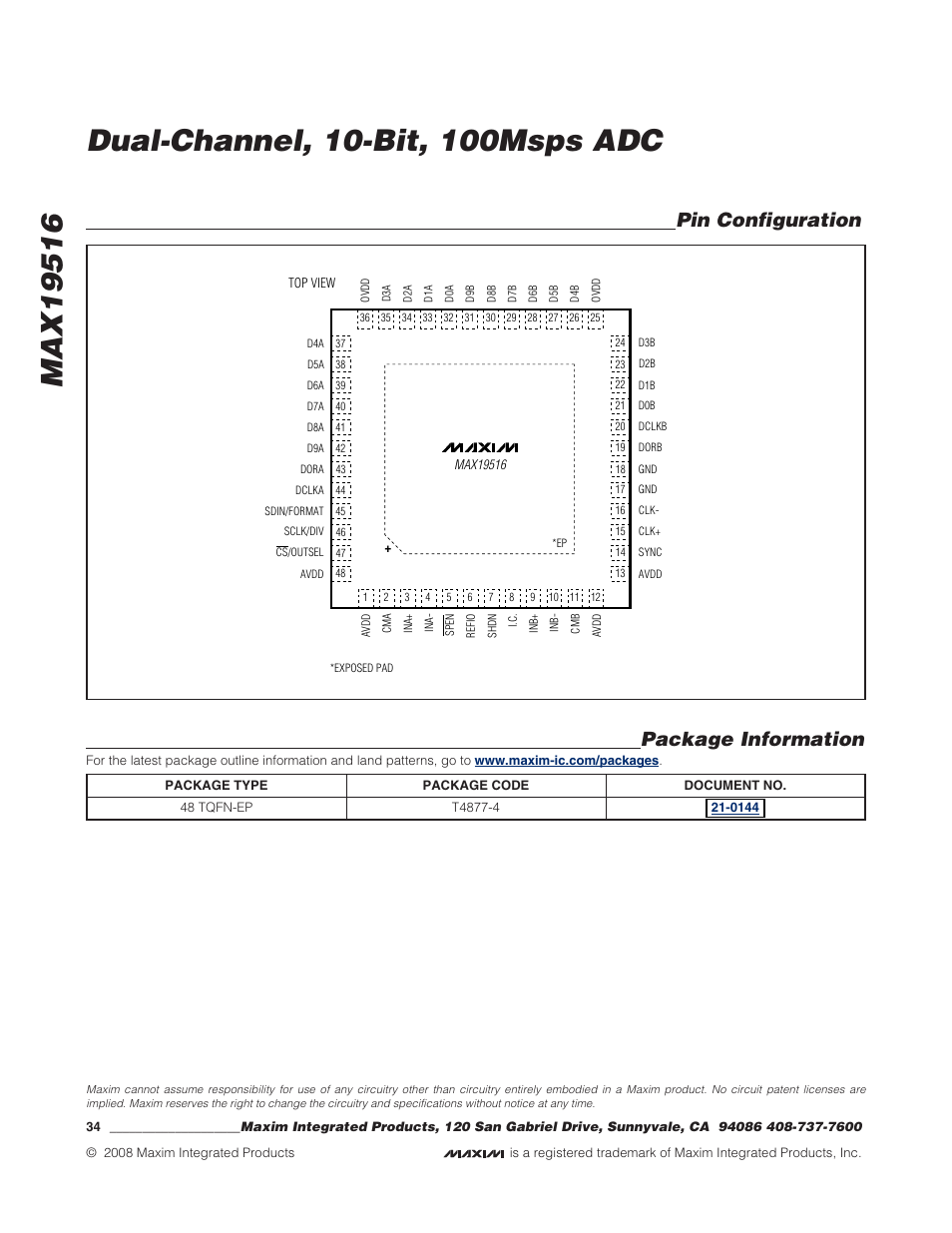 Pin configuration package information | Rainbow Electronics MAX19516 User Manual | Page 34 / 34