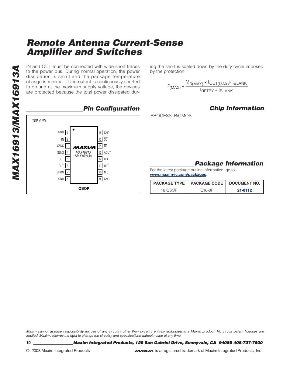 Package information, Chip information, Pin configuration | Rainbow Electronics MAX16913A User Manual | Page 10 / 10