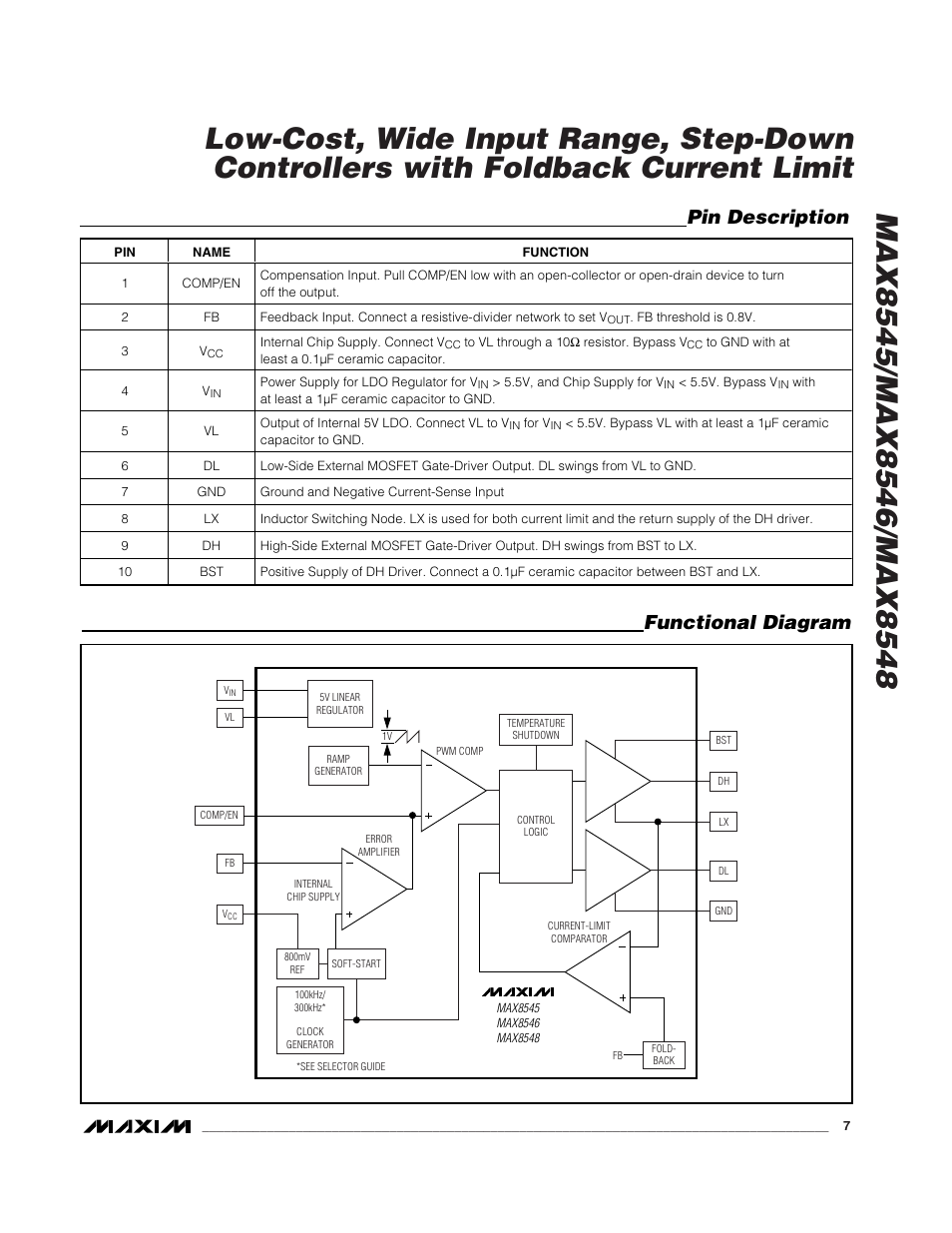 Pin description, Functional diagram | Rainbow Electronics MAX8548 User Manual | Page 7 / 18