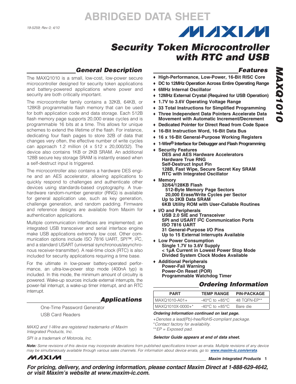 Rainbow Electronics MAXQ1010 User Manual | 2 pages