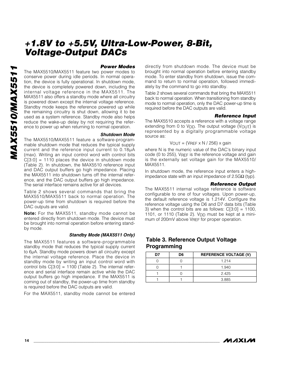 Table 3. reference output voltage programming | Rainbow Electronics MAX5511 User Manual | Page 14 / 18