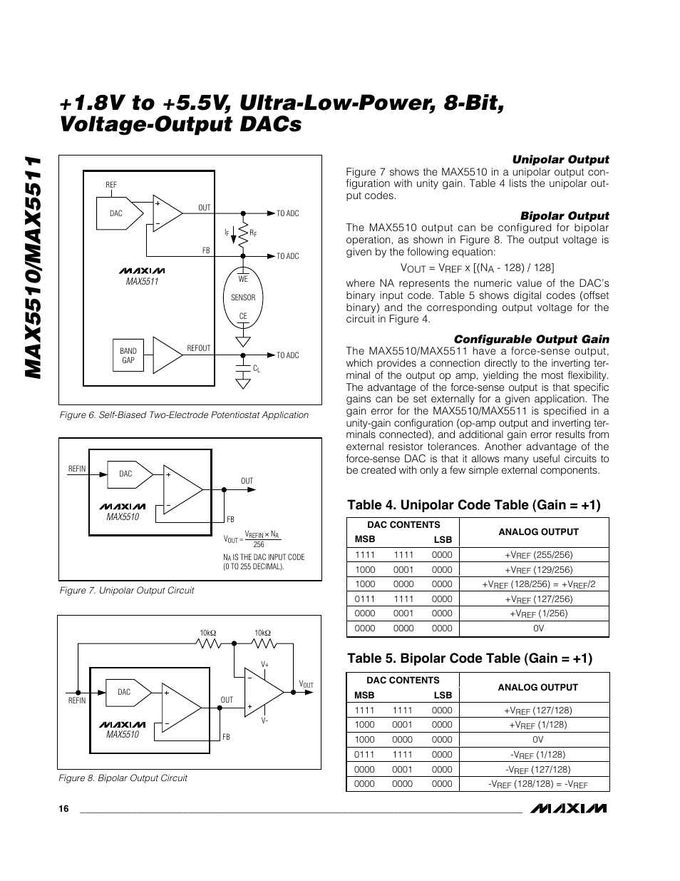 Table 5. bipolar code table (gain = +1), Table 4. unipolar code table (gain = +1) | Rainbow Electronics MAX5511 User Manual | Page 16 / 18