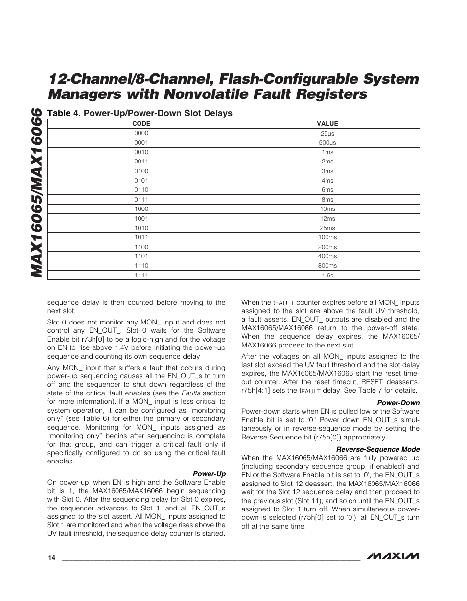 Table 4. power-up/power-down slot delays | Rainbow Electronics MAX16066 User Manual | Page 14 / 61