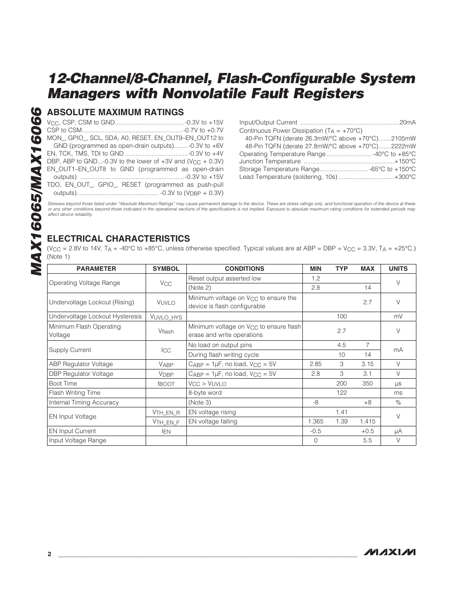 Electrical characteristics, Absolute maximum ratings | Rainbow Electronics MAX16066 User Manual | Page 2 / 61