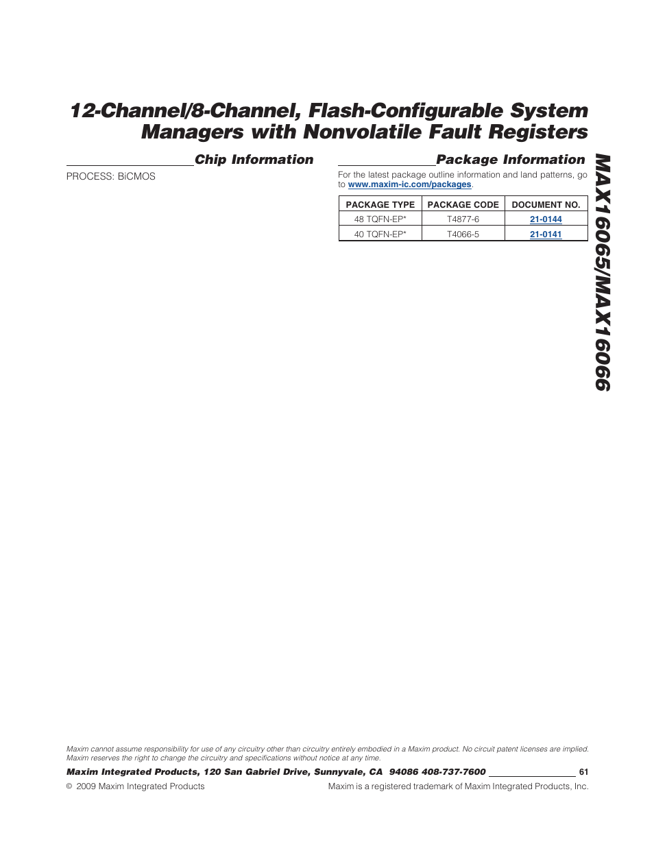 Chip information, Package information | Rainbow Electronics MAX16066 User Manual | Page 61 / 61