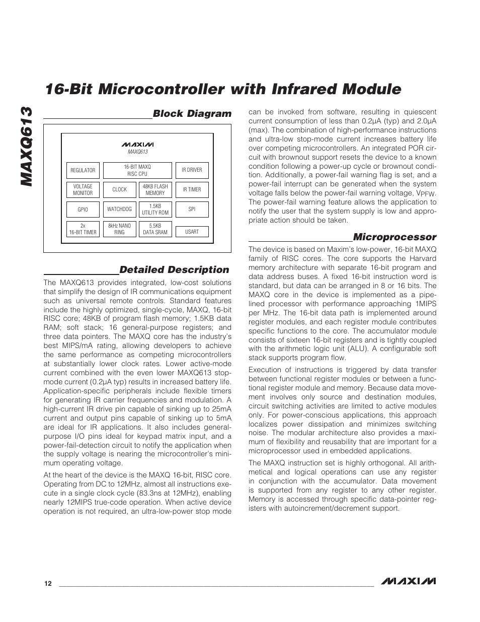 Block diagram, Detailed description, Microprocessor | Block diagram detailed description microprocessor, Bit microcontroller with infrared module maxq613 | Rainbow Electronics MAXQ613 User Manual | Page 12 / 29