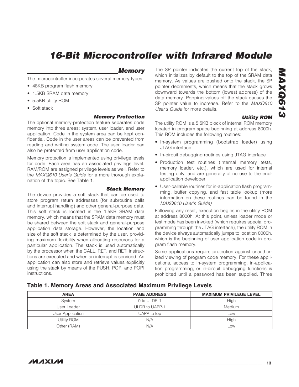 Memory, Memory protection, Stack memory | Utility rom, Memory protection stack memory utility rom, Bit microcontroller with infrared module maxq613 | Rainbow Electronics MAXQ613 User Manual | Page 13 / 29