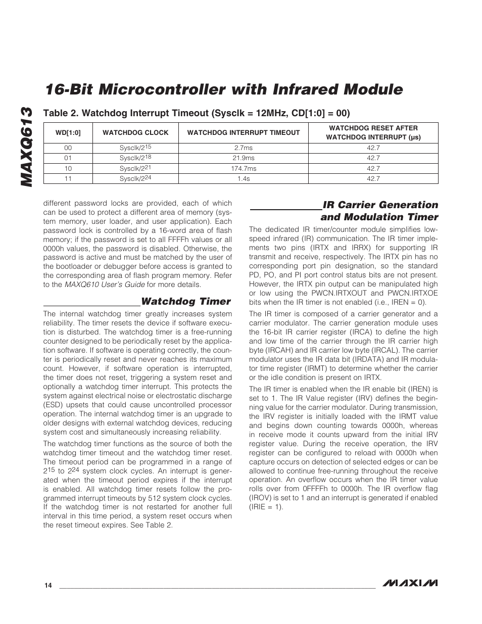 Watchdog timer, Ir carrier generation and modulation timer, Bit microcontroller with infrared module maxq613 | Rainbow Electronics MAXQ613 User Manual | Page 14 / 29