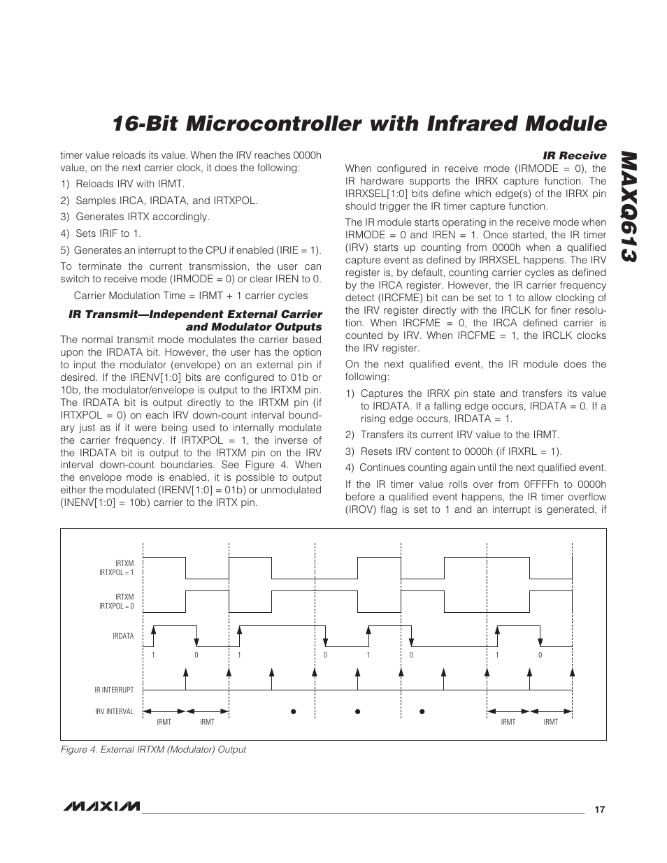 Ir receive, Figure 4. external irtxm (modulator) output, Bit microcontroller with infrared module maxq613 | Rainbow Electronics MAXQ613 User Manual | Page 17 / 29
