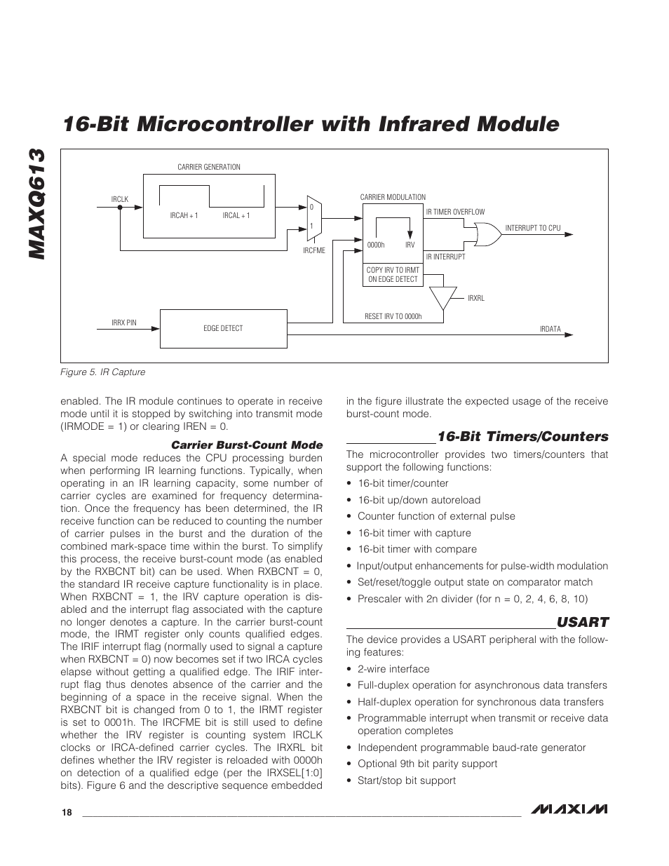 Carrier burst-count mode, Bit timers/counters, Usart | Bit timers/counters usart, Figure 5. ir capture, Bit microcontroller with infrared module maxq613 | Rainbow Electronics MAXQ613 User Manual | Page 18 / 29