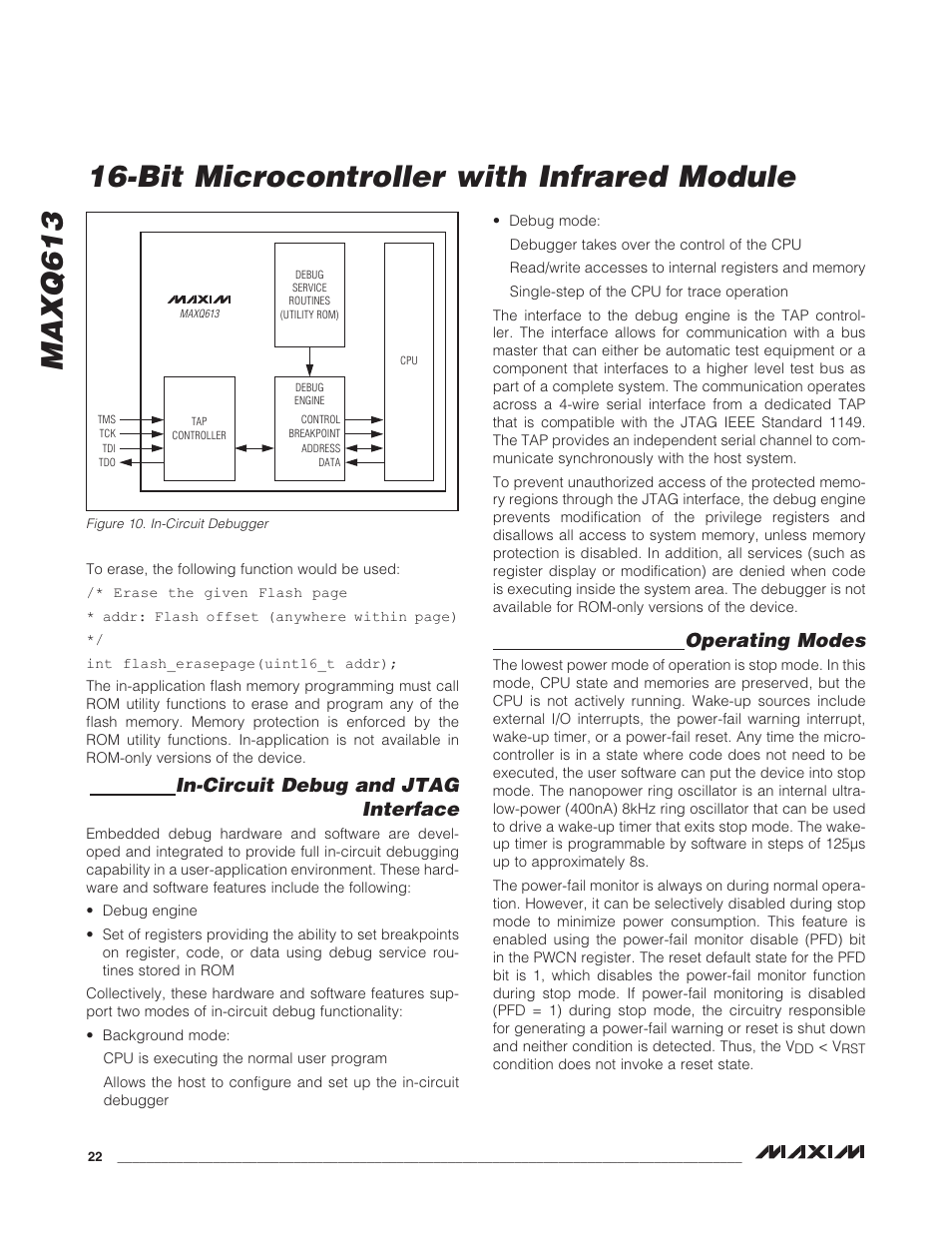 In-circuit debug and jtag interface, Operating modes, Figure 10. in-circuit debugger | Bit microcontroller with infrared module maxq613 | Rainbow Electronics MAXQ613 User Manual | Page 22 / 29