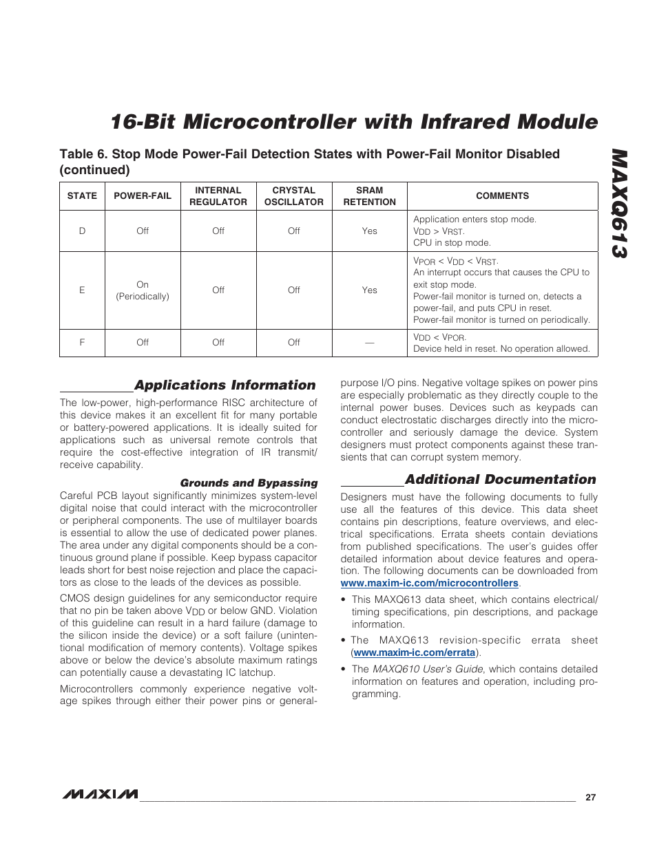Applications information, Grounds and bypassing, Additional documentation | Bit microcontroller with infrared module maxq613 | Rainbow Electronics MAXQ613 User Manual | Page 27 / 29