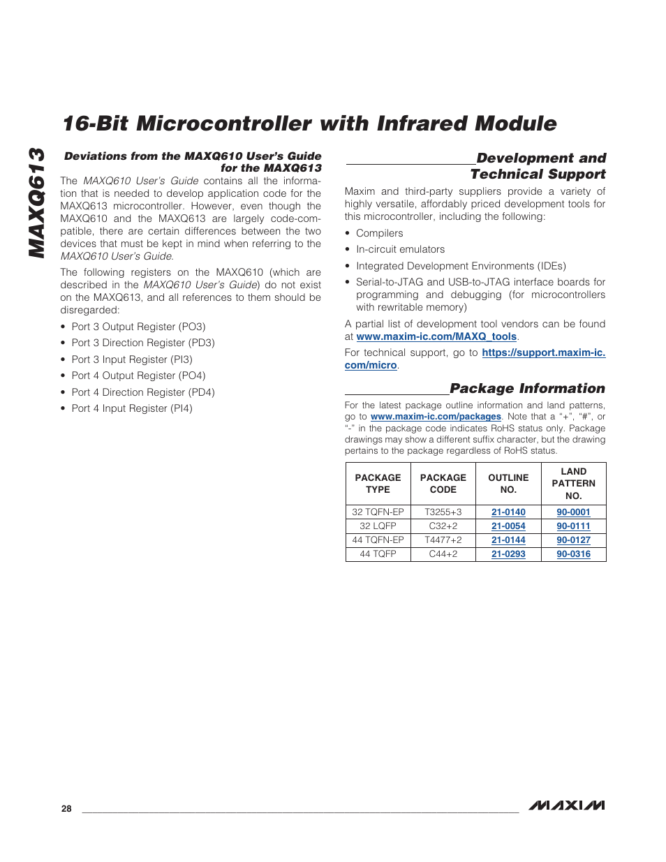Development and technical support, Package information, Bit microcontroller with infrared module maxq613 | Rainbow Electronics MAXQ613 User Manual | Page 28 / 29