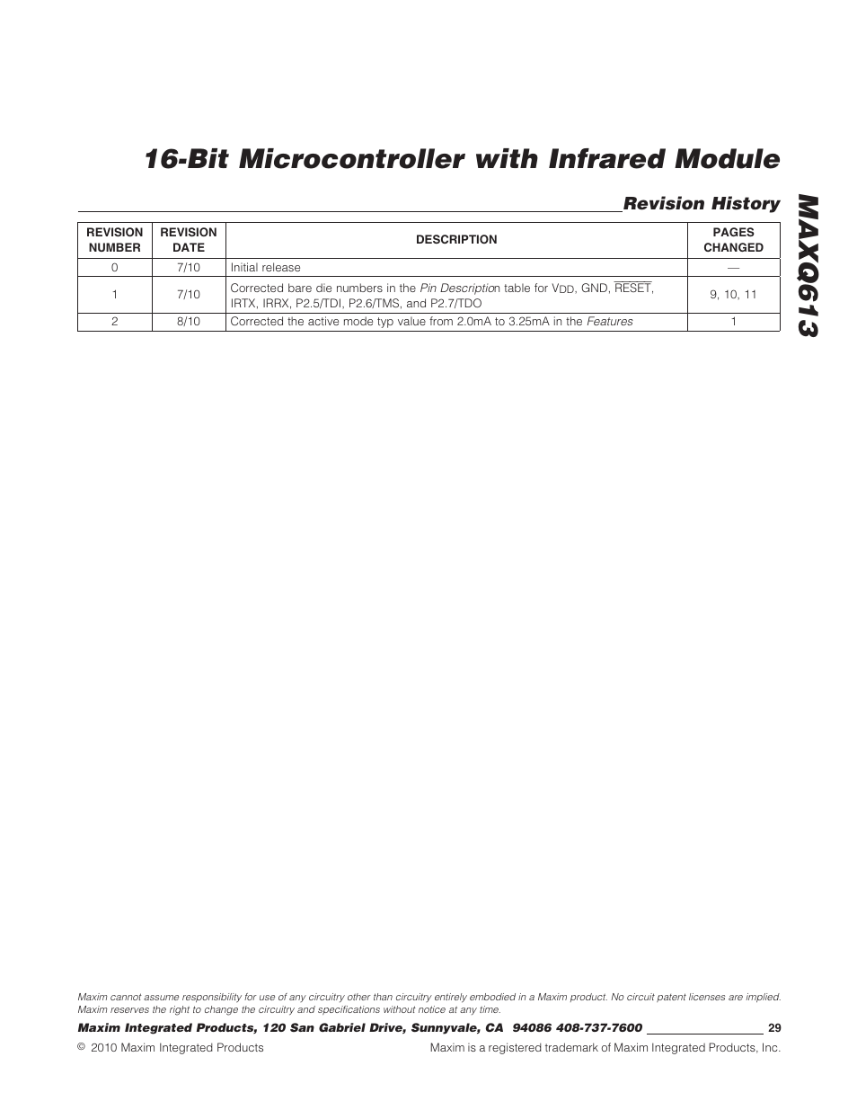 Revision history, Bit microcontroller with infrared module maxq613 | Rainbow Electronics MAXQ613 User Manual | Page 29 / 29