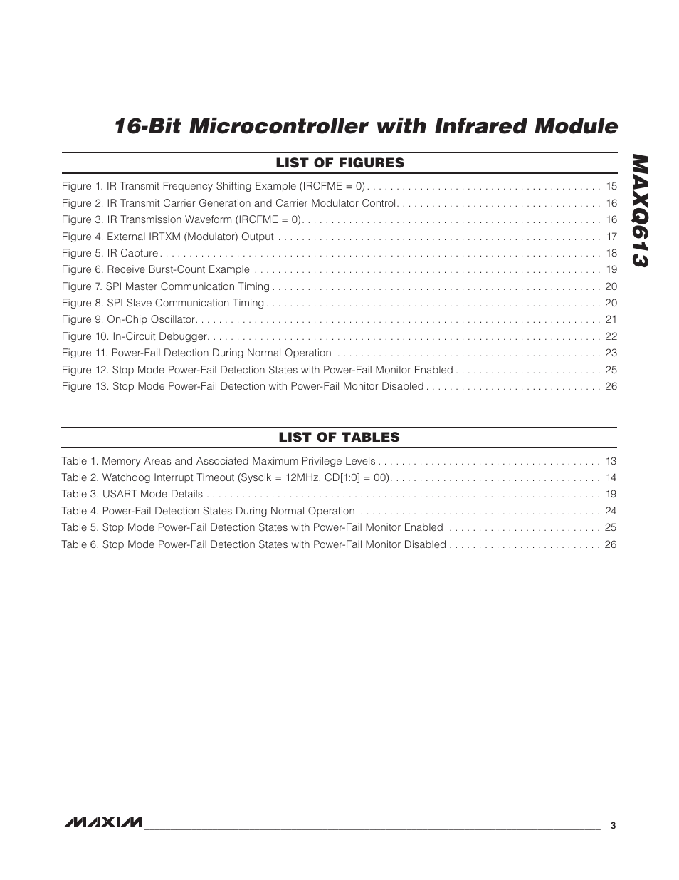 List of figures, List of tables, Bit microcontroller with infrared module maxq613 | Rainbow Electronics MAXQ613 User Manual | Page 3 / 29