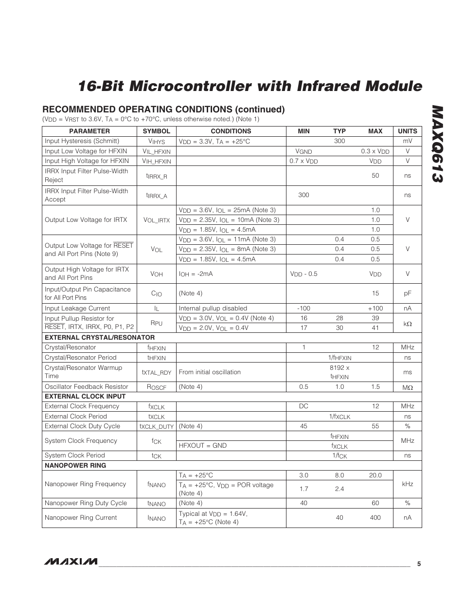 Bit microcontroller with infrared module maxq613, Recommended operating conditions (continued) | Rainbow Electronics MAXQ613 User Manual | Page 5 / 29