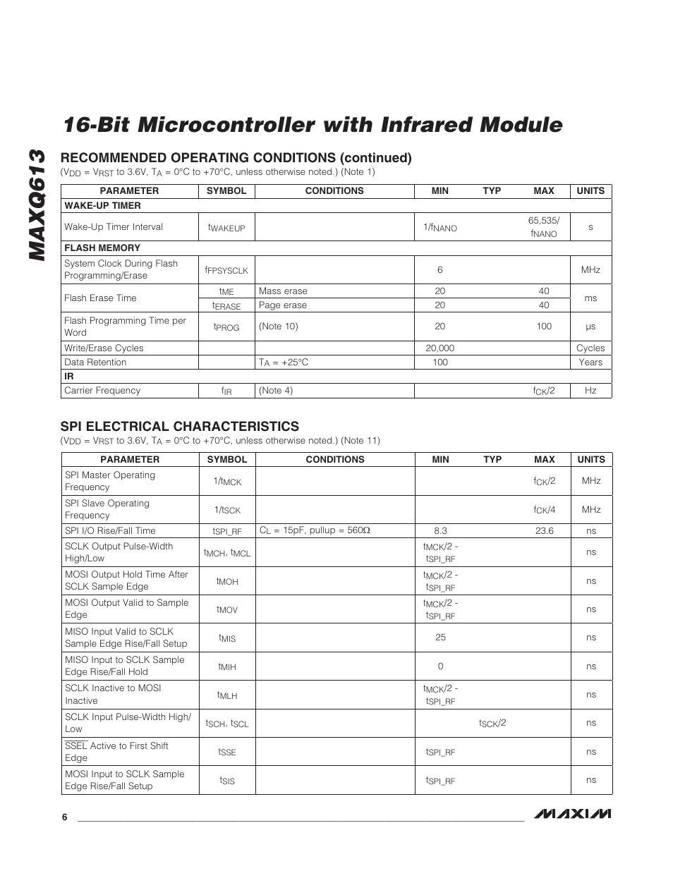 Spi electrical characteristics, Bit microcontroller with infrared module maxq613, Recommended operating conditions (continued) | Rainbow Electronics MAXQ613 User Manual | Page 6 / 29