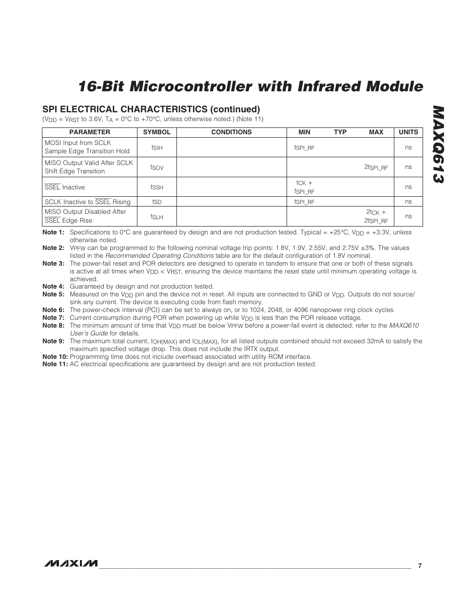 Bit microcontroller with infrared module maxq613, Spi electrical characteristics (continued) | Rainbow Electronics MAXQ613 User Manual | Page 7 / 29