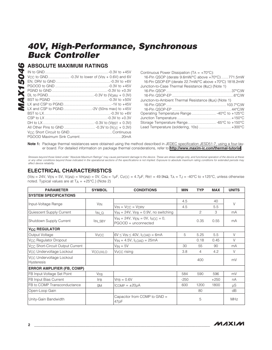 Electrical characteristics, Absolute maximum ratings | Rainbow Electronics MAX15046B User Manual | Page 2 / 23