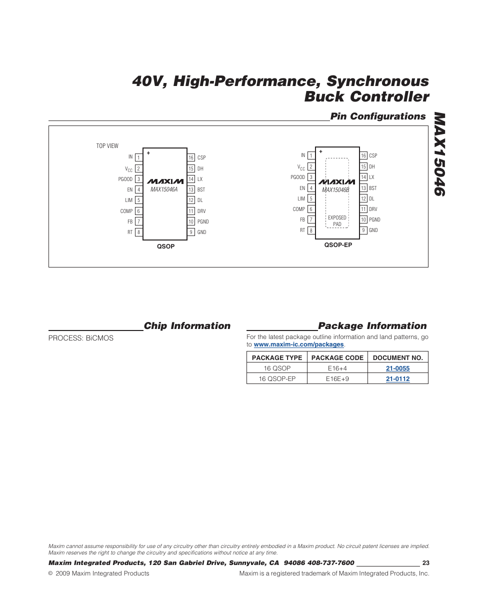 Chip information, Package information, Pin configurations | Rainbow Electronics MAX15046B User Manual | Page 23 / 23