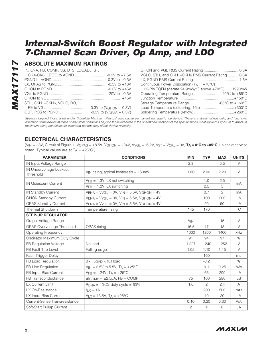 Electrical characteristics, Absolute maximum ratings | Rainbow Electronics MAX17117 User Manual | Page 2 / 22