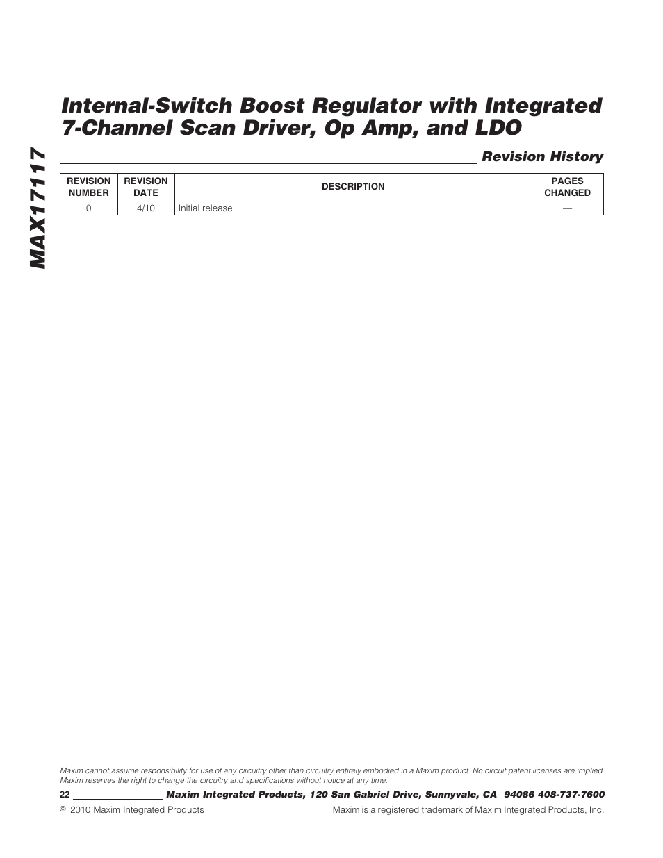 Revision history | Rainbow Electronics MAX17117 User Manual | Page 22 / 22