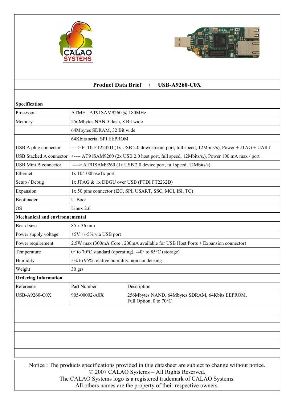 Rainbow Electronics USB-A9260-C12 User Manual | 1 page