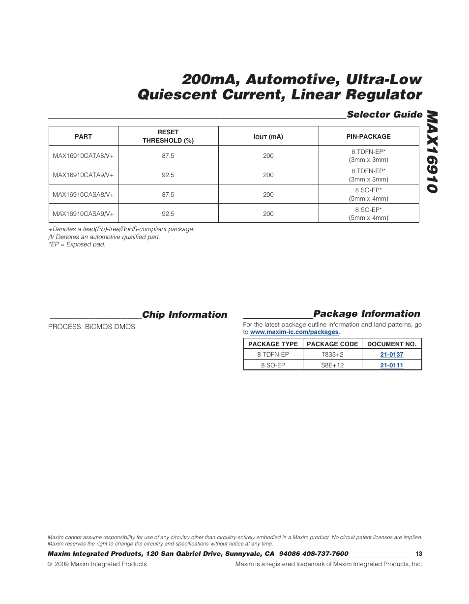 Selector guide, Chip information, Package information | Rainbow Electronics MAX16910 User Manual | Page 13 / 13