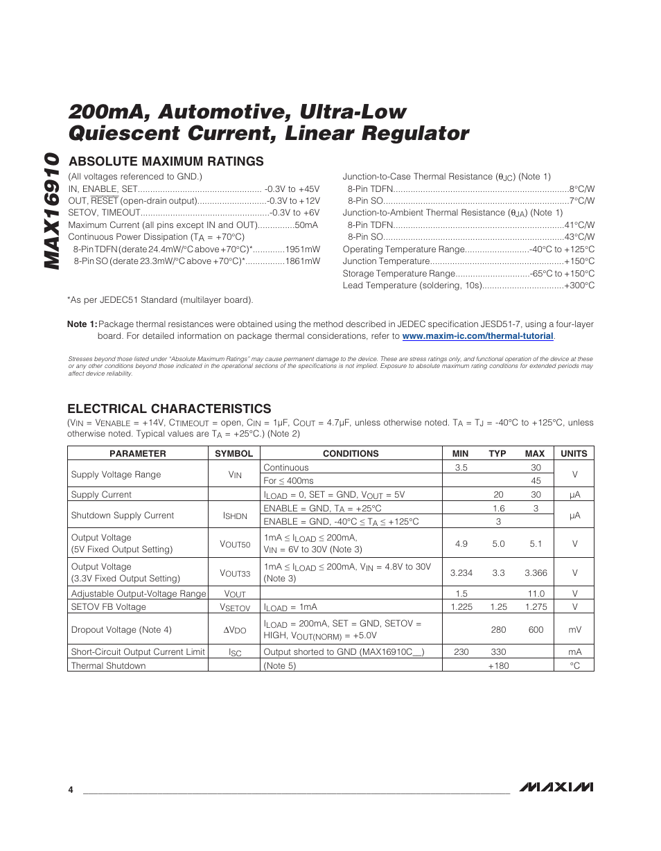 Absolute maximum ratings, Electrical characteristics | Rainbow Electronics MAX16910 User Manual | Page 4 / 13