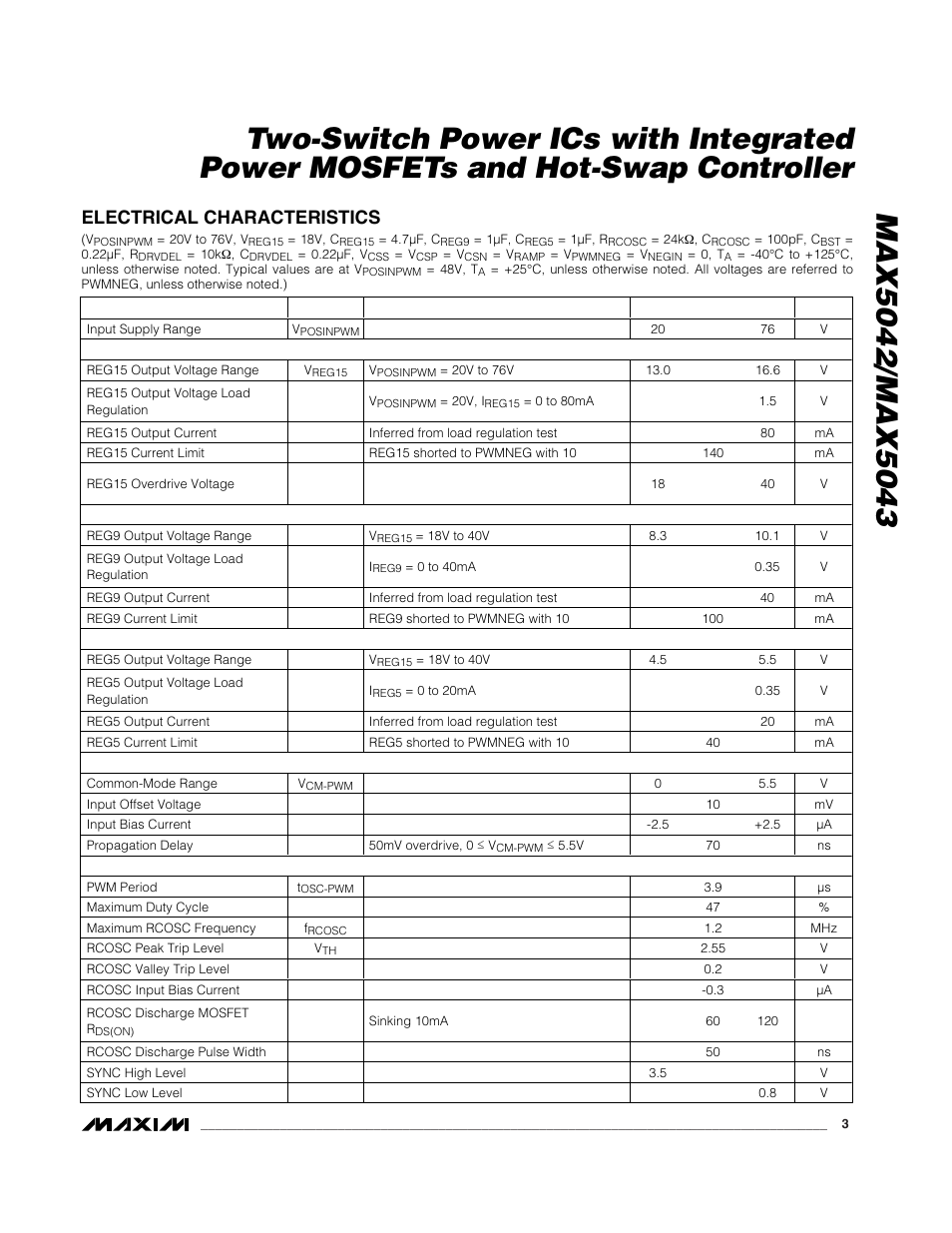 Electrical characteristics | Rainbow Electronics MAX5043 User Manual | Page 3 / 22