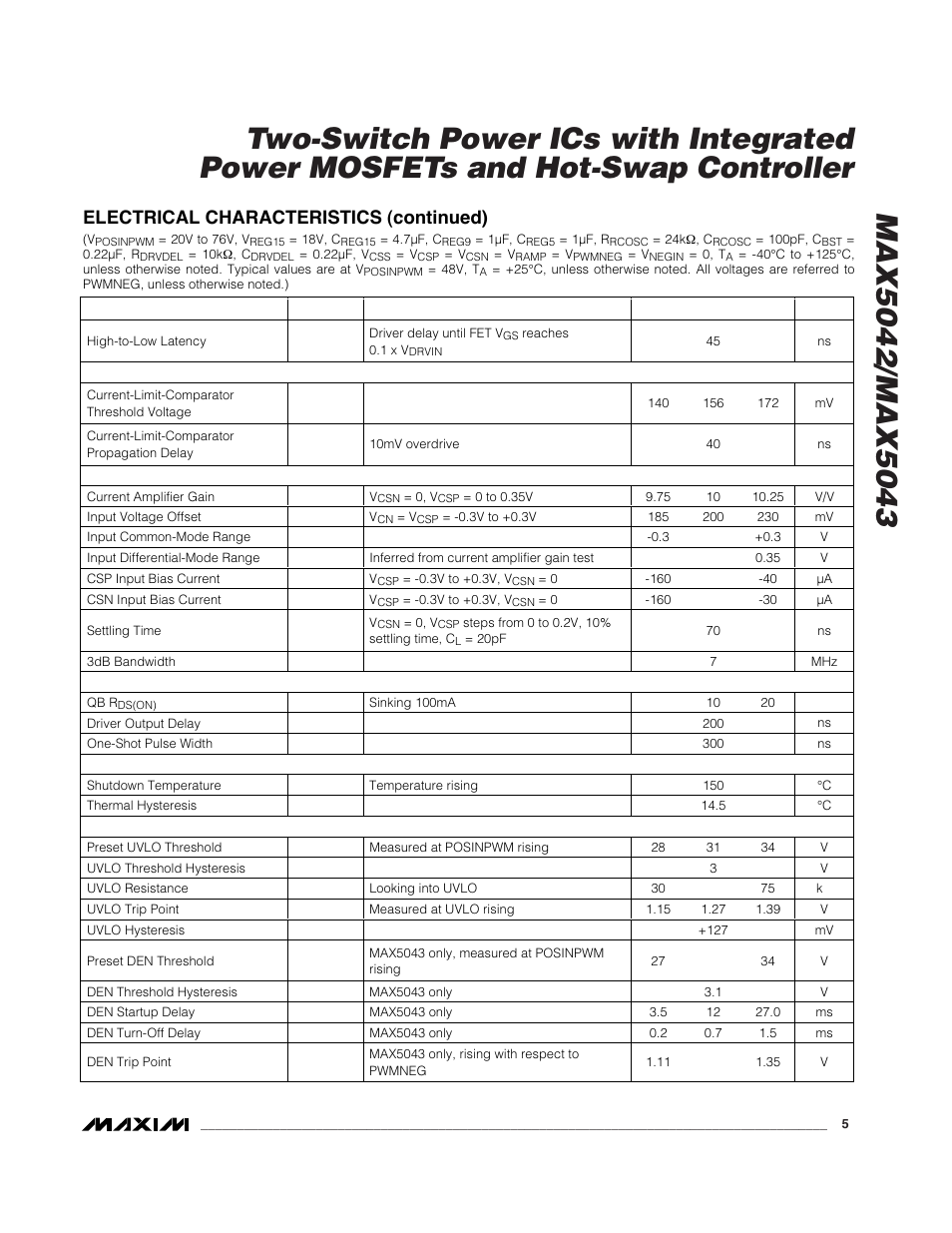 Electrical characteristics (continued) | Rainbow Electronics MAX5043 User Manual | Page 5 / 22
