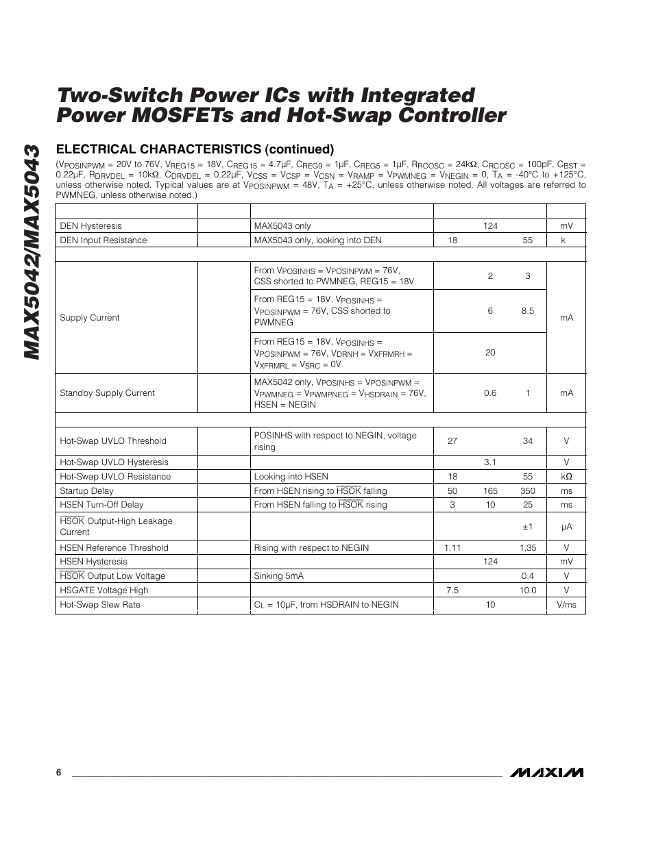 Electrical characteristics (continued) | Rainbow Electronics MAX5043 User Manual | Page 6 / 22