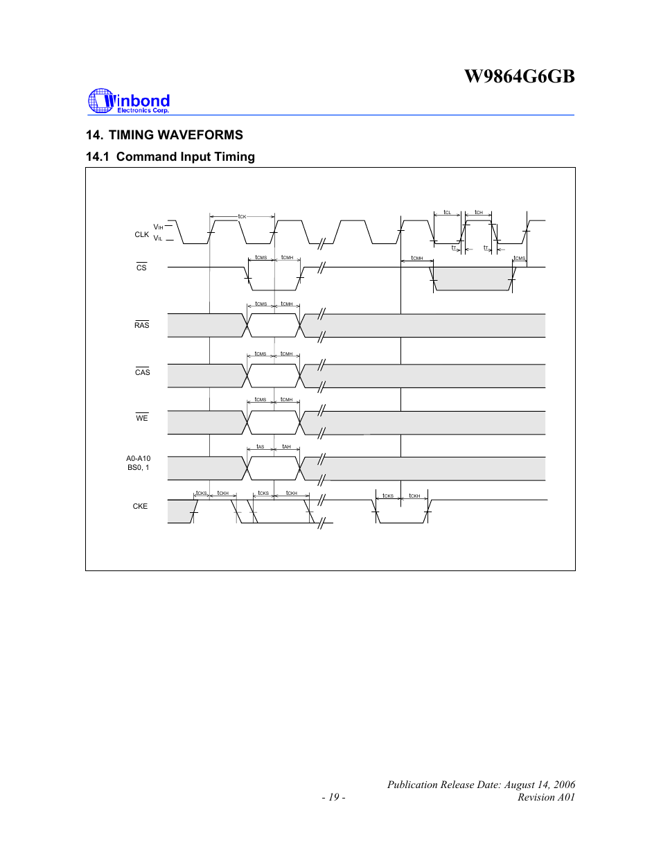 Timing waveforms, 1 command input timing | Rainbow Electronics W9864G6GB User Manual | Page 19 / 47