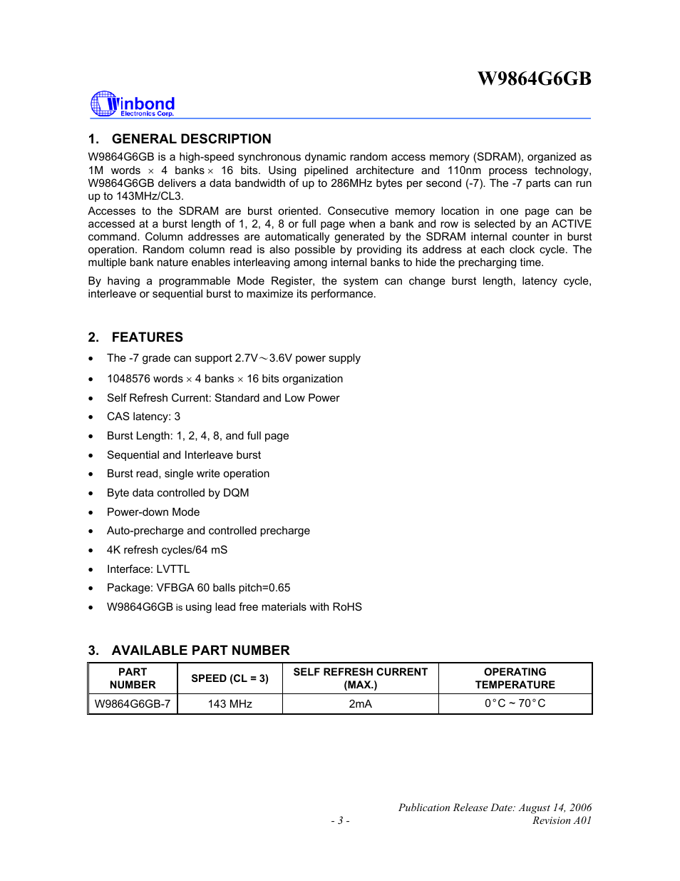 Rainbow Electronics W9864G6GB User Manual | Page 3 / 47