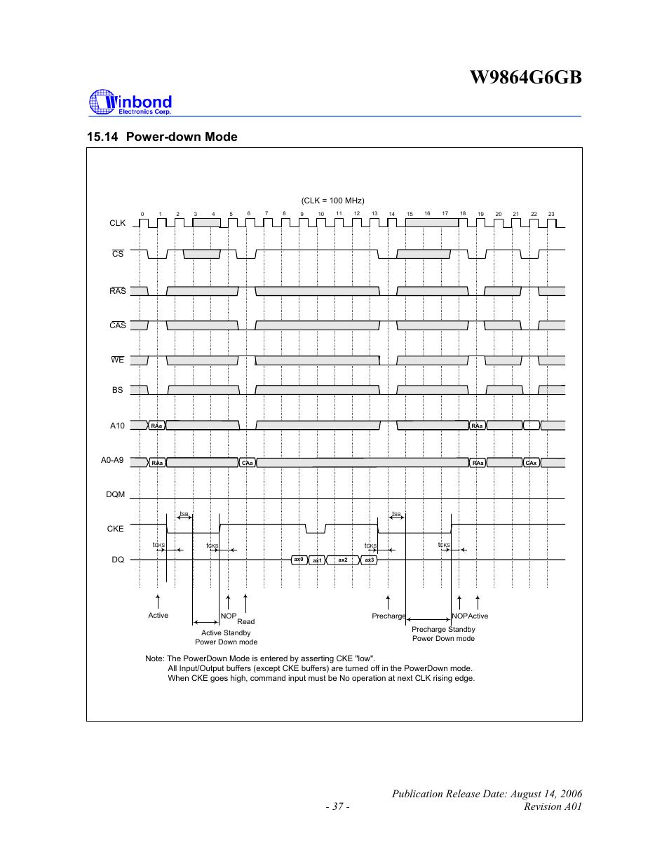 14 power-down mode | Rainbow Electronics W9864G6GB User Manual | Page 37 / 47