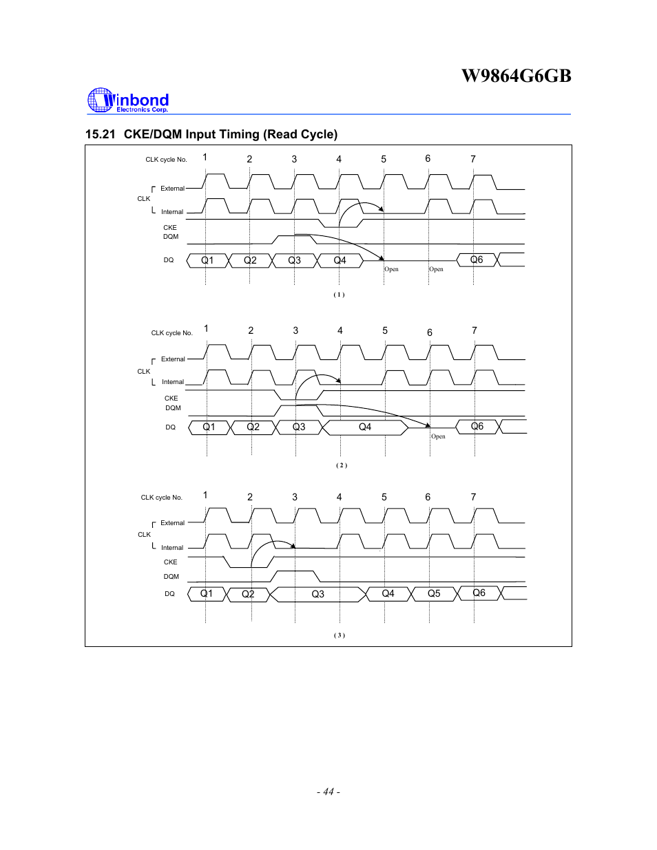 21 cke/dqm input timing (read cycle) | Rainbow Electronics W9864G6GB User Manual | Page 44 / 47