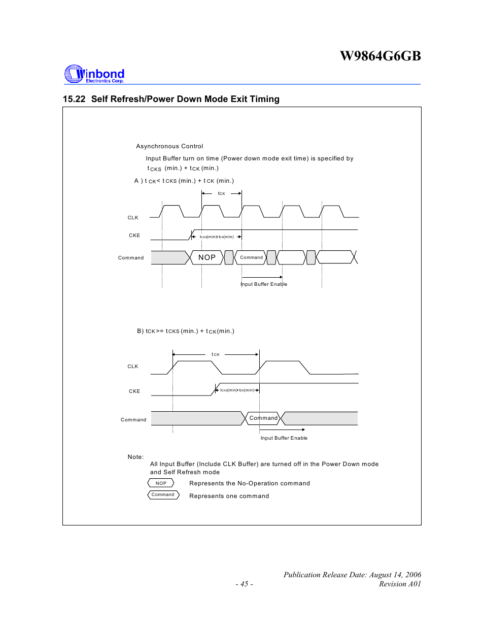 22 self refresh/power down mode exit timing | Rainbow Electronics W9864G6GB User Manual | Page 45 / 47