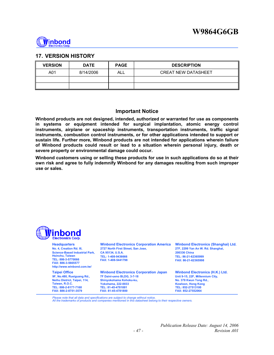 Version history, Important notice | Rainbow Electronics W9864G6GB User Manual | Page 47 / 47