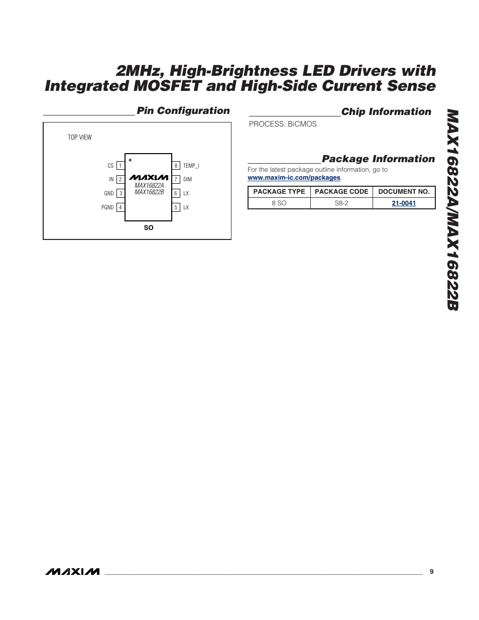 Chip information, Package information, Pin configuration | Rainbow Electronics MAX16822B User Manual | Page 9 / 10