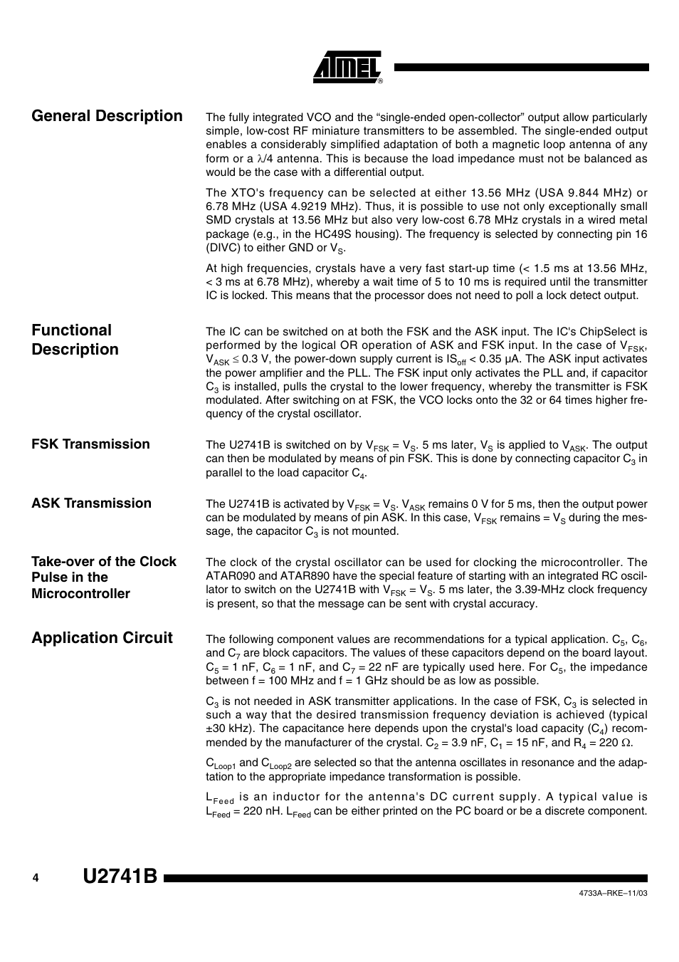 U2741b, General description, Functional description | Application circuit, Fsk transmission, Ask transmission | Rainbow Electronics U2741B User Manual | Page 4 / 9