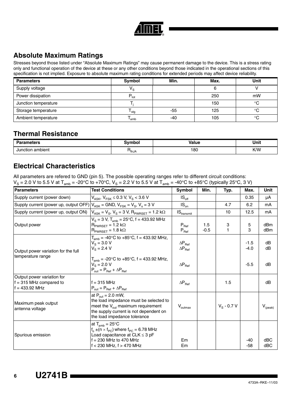 U2741b, Absolute maximum ratings, Thermal resistance | Electrical characteristics | Rainbow Electronics U2741B User Manual | Page 6 / 9